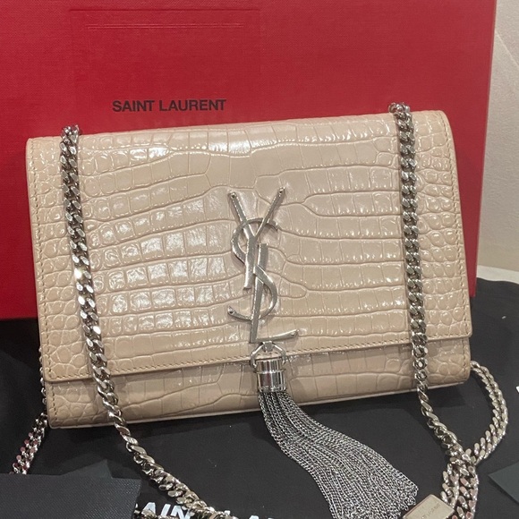 Saint Laurent Cream Croc-Embossed Chain Bag - Picture 2 of 14